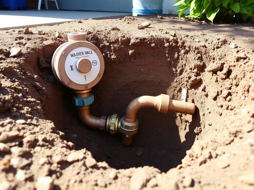 Excavated water meter with new copper pipe and brass fittings