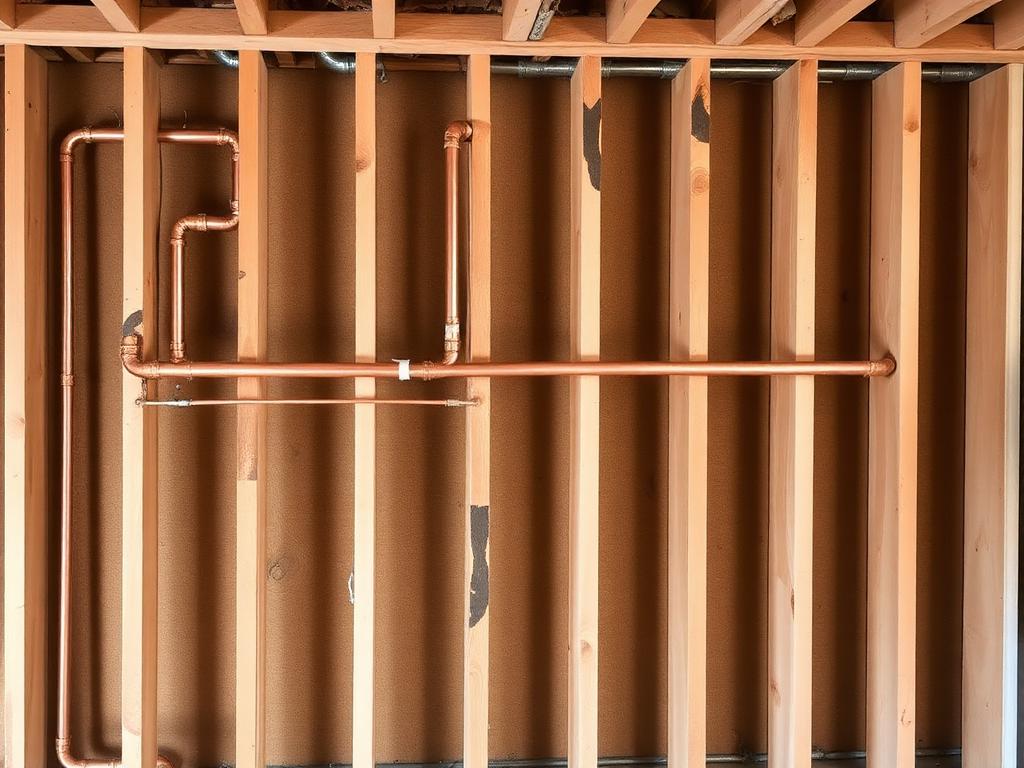 Neat runs of new copper pipe across open wall studs during a repipe
