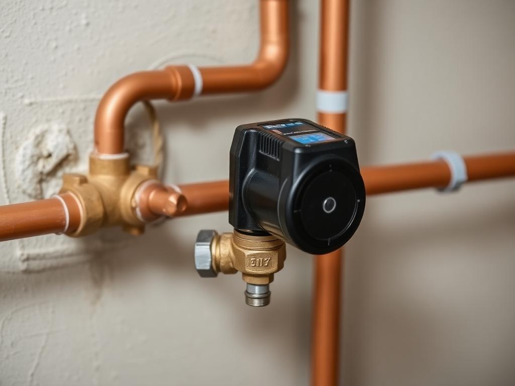 Smart automatic water shutoff valve installed on a copper main line
