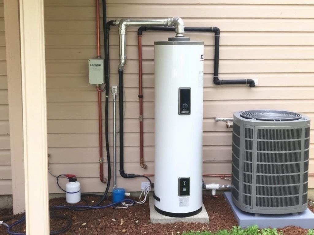 Exterior water heater and filtration system installed beside an AC condenser
