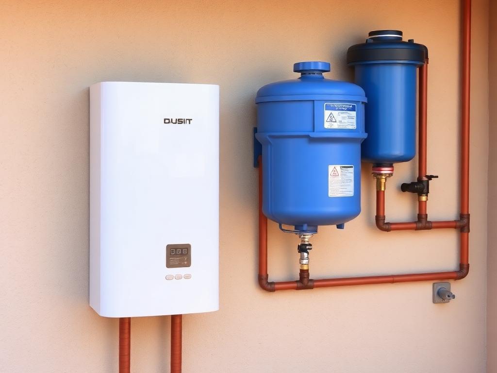 Wall-mounted tankless water heater beside a blue whole-house filter canister