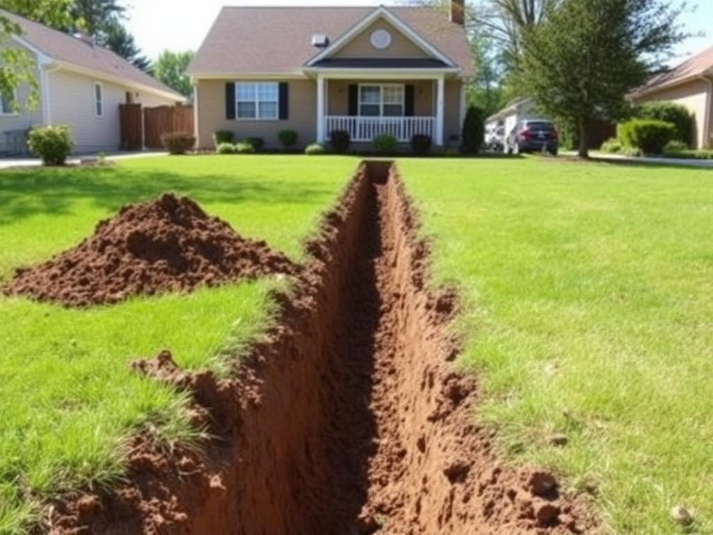 Trench dug across a residential front lawn for a new main water line